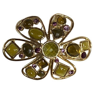 Vintage Gold Tone Old Money Olive CABACHON Rhinestone Fashion Jewelry 2" BROOCH